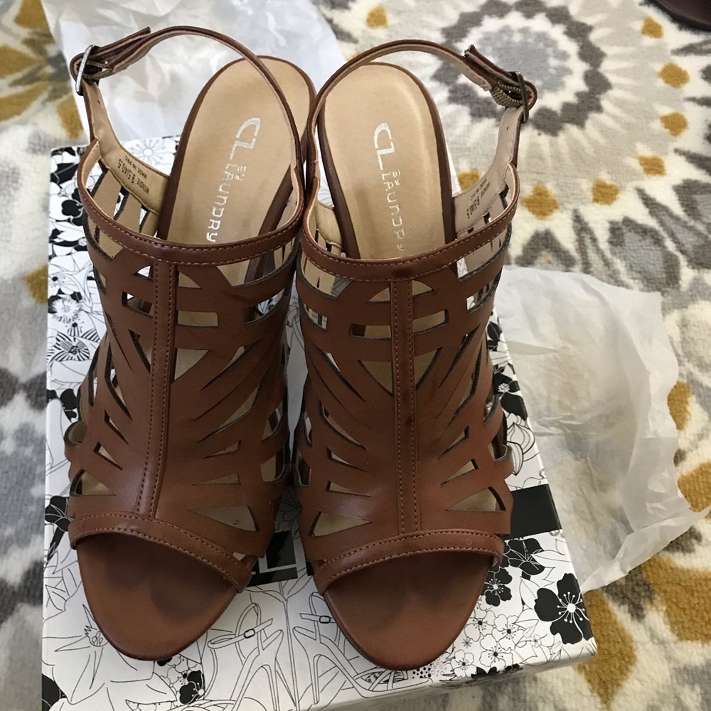 Brown open toed heels.